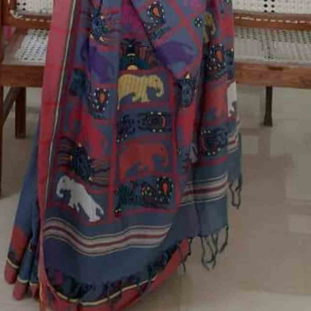 Tussar Saree with Madhubani Bride, Doli, and Kaahar Painting